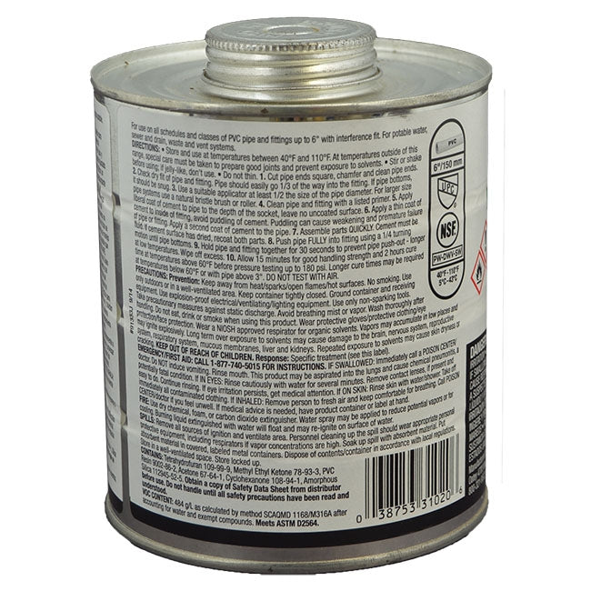 Oatey Medium Clear PVC Cement - Quart (31020) Side