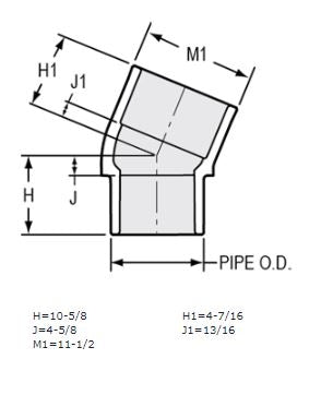 10" Sch 40 PVC 22-1/2 Street Elbow - Spig x Soc 442-100F (Fabricated Fitting)