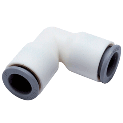 3/8" LIQUIfit® Series White Bio-Based Polymer 90° Union Elbow, Push-To-Connect, EPDM O-Ring, Stainless Steel Gripping Ring