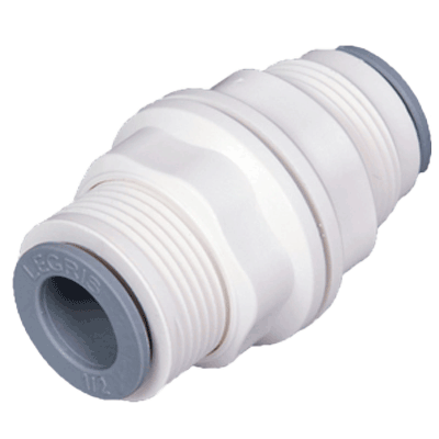 1/4" LIQUIfit® Series White Bio-Based Polymer Bulkhead Union, Push-To-Connect, EPDM O-Ring, Stainless Steel Gripping Ring