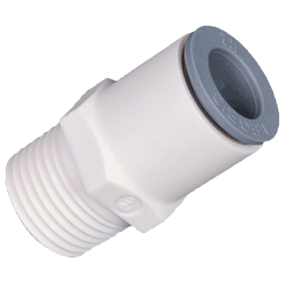 3/8" x 1/2" LIQUIfit® Series White Bio-Based Polymer Connector, Push-To-Connect x MPT, EPDM O-Ring, Stainless Steel Gripping Ring