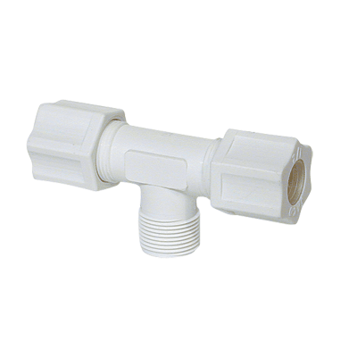 1/2" x 1/2" x 3/8" White Polypropylene Branch Tee, Tube x Tube x MPT, JACO