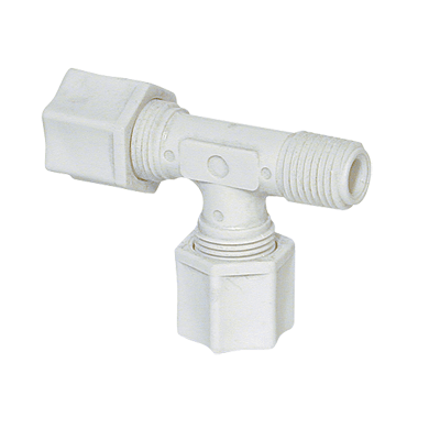 1/2" White Polypropylene Run Tee, Tube x Tube x MPT, JACO