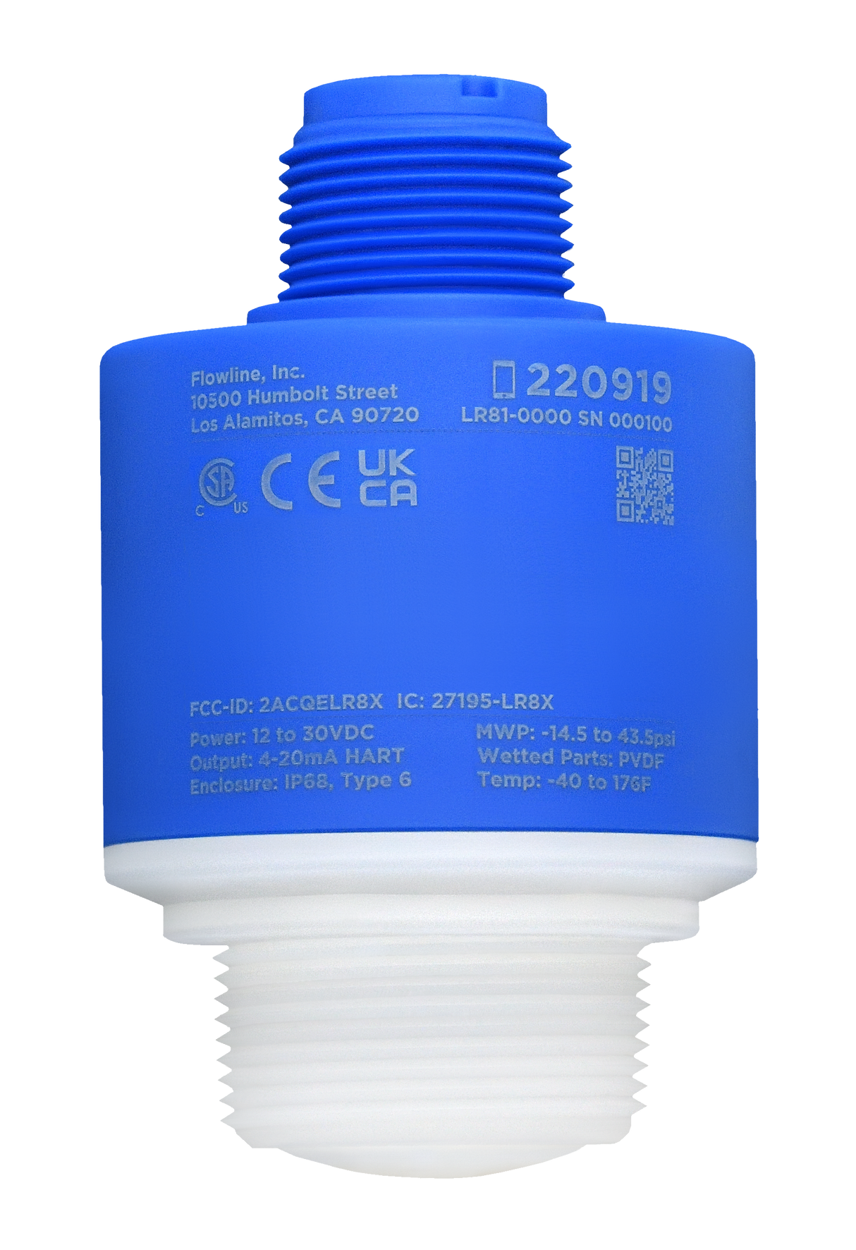 EchoBeam LR80 Series 80GHz Radar Liquid and Solids Level Sensor with Vertical Cable, 1-1/2" NPT Process Mount and 4-20 mA Signal Output