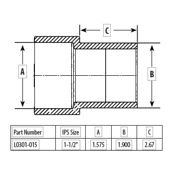 Specs for 1 1/2" Pipe Extender Slip x Spigot