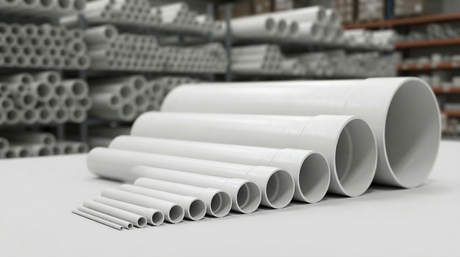 A variety of white schedule 40 pvc pipes in graduating sizes from small to large, arranged on a clean surface with a blurred warehouse background and the pvc fittings online logo on the left.