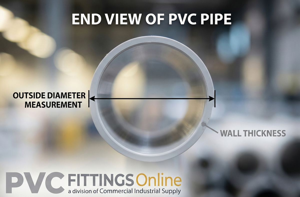Diagram showing an end view of a PVC pipe, highlighting the Outside Diameter Measurement and the Wall Thickness.