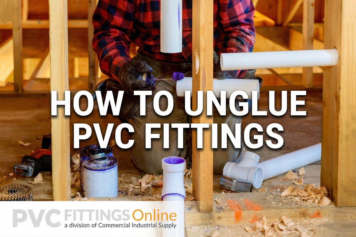 Banner titled How to Unglue PVC Fittings featuring a plumber working on white PVC pipes in a construction setting, with the PVC Fittings Online logo in the corner.