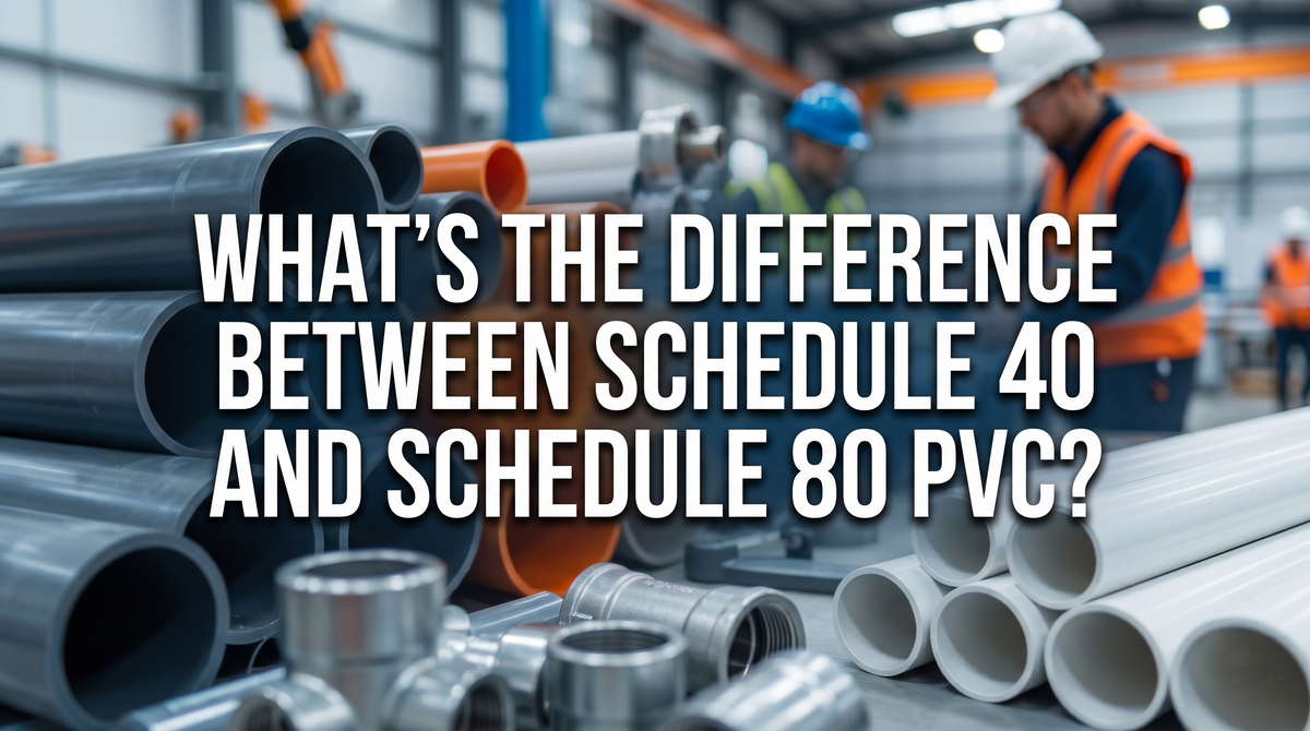 banner featuring a variety of industrial pvc pipes and fittings. In the center, white text reads: what's the difference between schedule 40 and schedule 80 pvc