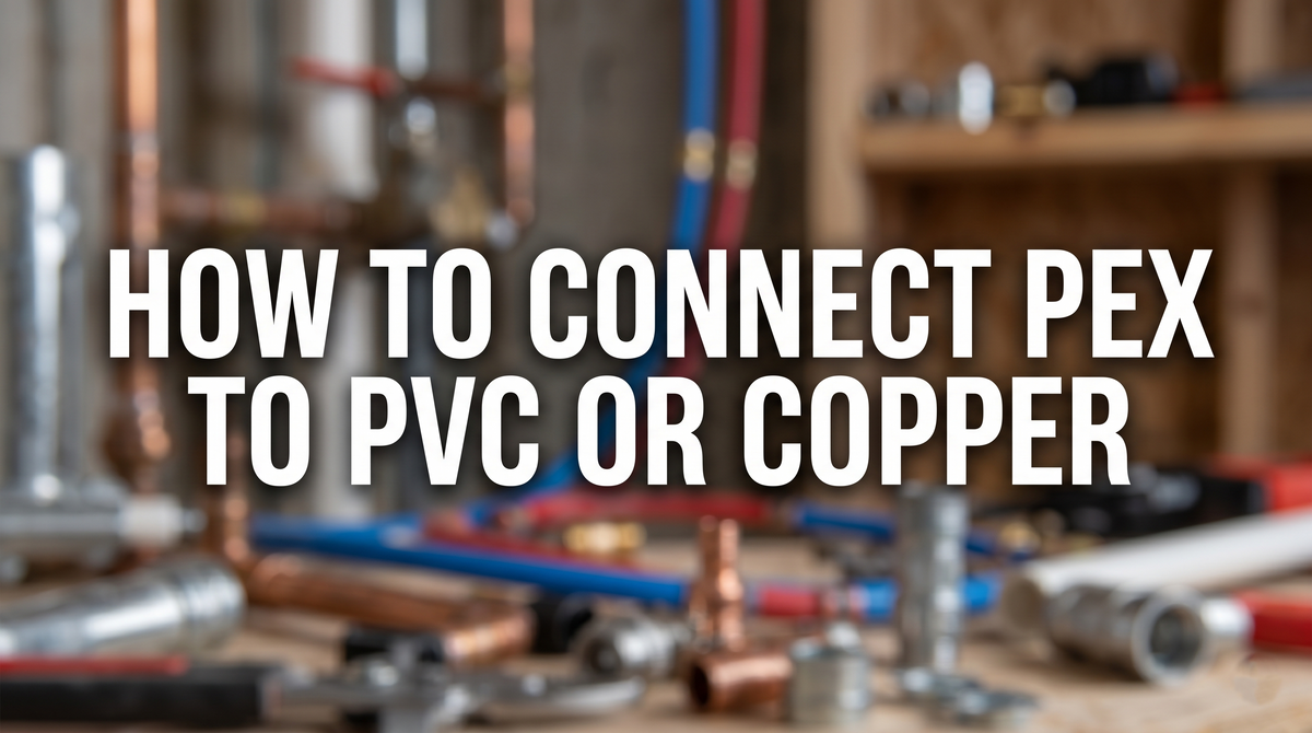 banner with the title how to connect pex to pvc or copper