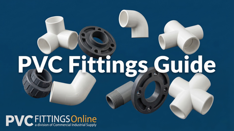 A banner for a PVC Fittings Guide featuring various white and grey PVC plumbing components—such as elbows, tees, and flanges—floating dynamically against a solid dark blue background.