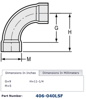 4" Sch 40 PVC Long Sweep 90 Elbow Soc 406-040LSF (Fabricated Fitting)