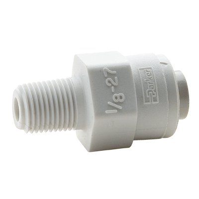3/8" x 1/4" TrueSeal™ Series White Polypropylene Connector, Push-To-Connect x MPT, EPDM O-Ring, Plastic Grip Edge