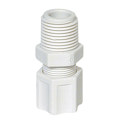 3/8" x 1/2" White Polypropylene Connector, Tube x MPT, JACO